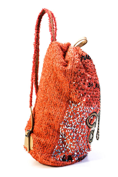 Chanel Womens CC Drawstring Sequin Tweed Cubano Trip Backpack Orange Brown