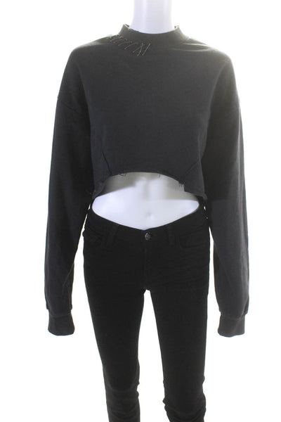 Ksubi Womens Mock Neck Raw Hem Safety Pin Pullover Sweatshirt Black Size S