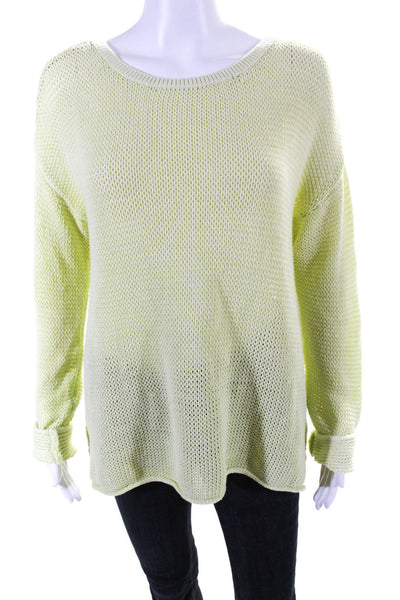 Elliott Lauren Womens Long Sleeve Open Knit Crewneck Sweater Yellow Size Medium