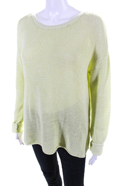 Elliott Lauren Womens Long Sleeve Open Knit Crewneck Sweater Yellow Size Medium