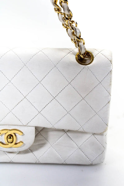 Chanel Womens Leather Quilted Chain Strap Shoulder Bag Flap Over Ivory Handbag
