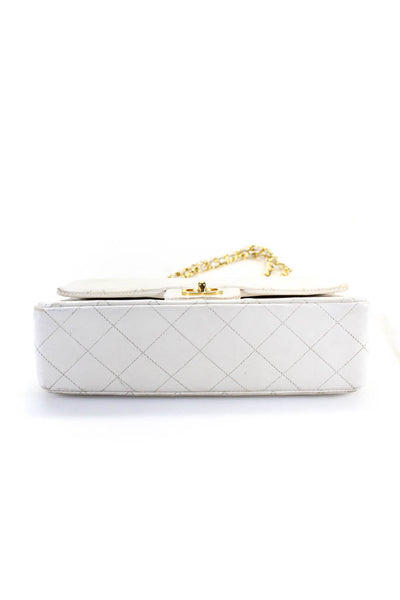 Chanel Womens Leather Quilted Chain Strap Shoulder Bag Flap Over Ivory Handbag