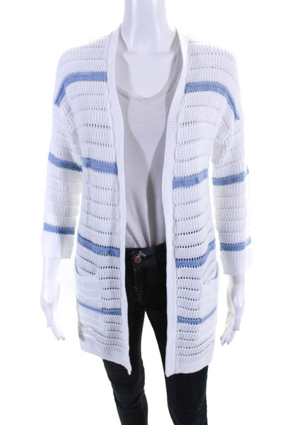 Kinross Womens Lightweight Open Knit Blue Striped Cardigan Sweater White Size XS