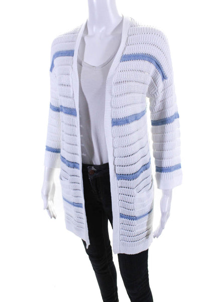 Kinross Womens Lightweight Open Knit Blue Striped Cardigan Sweater White Size XS