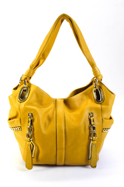 B Makowsky Womens Leather Chain Detailed Shoulder Bag Yellow Large Handbag