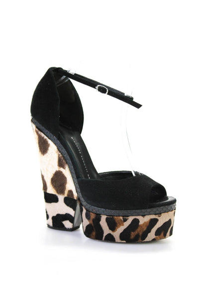 Giuseppe Zanotti Design Womens Ankle Strap Pony Hair Wedge Heels Black Size 38.5