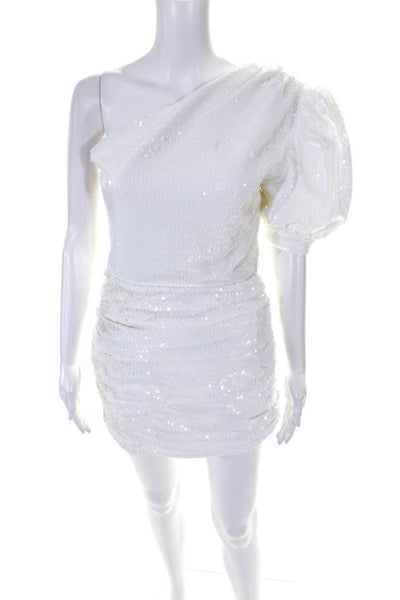 Ronny Kobo Women's Sequined One Shoulder Puff Sleeve Dress White Size Medium