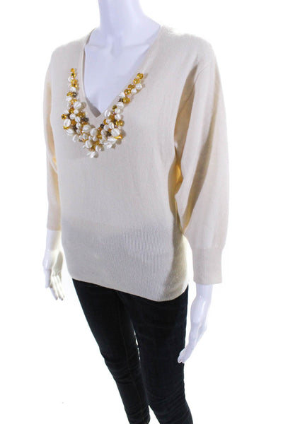 Saks Fifth Avenue Womens Embellished V Neck Sweater Ivory Cashmere Size Medium