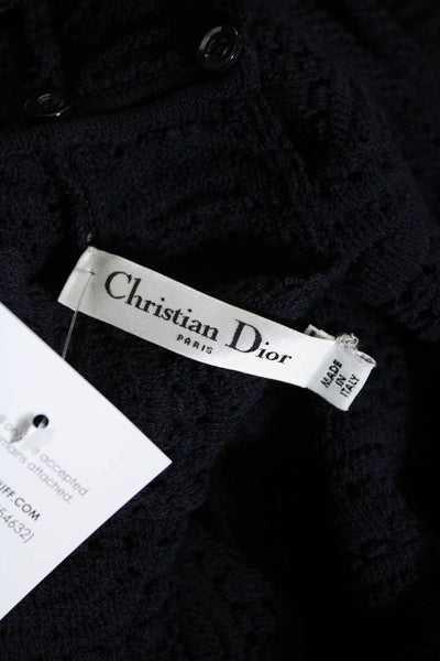 Christian Dior Womens Open Knit Mock Neck 3/4 Sleeve A-Line Dress Navy Size S