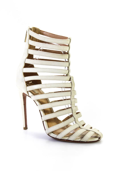 Schutz Womens Strappy Leather Caged Stiletto Sandals Booties Ivory Size 8.5