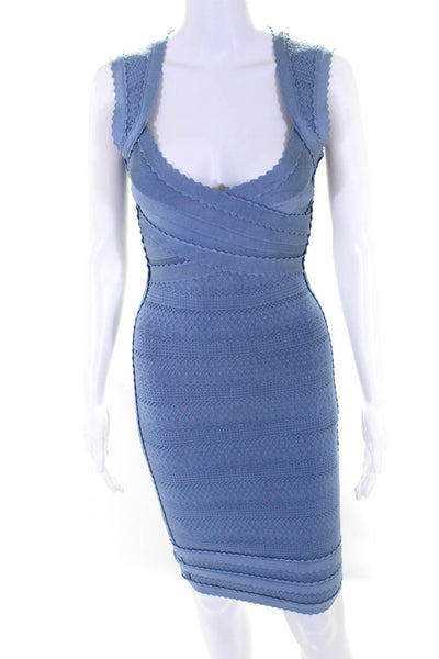 Herve Leger Womens Scalloped Knit Bandage Dress Blue Size Small