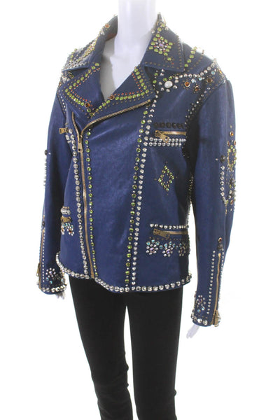 Gucci Womens Leather Crystal Embellished Zip Up Coat Jacket Navy Size M