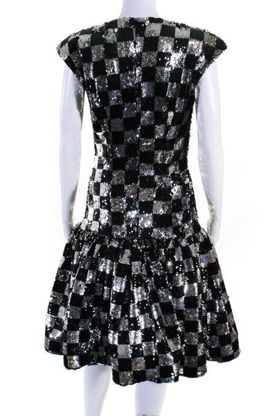 Rodarte Womens Sequined Check Drop Waist Dress Black Silver Size 6