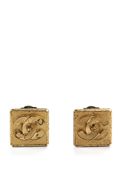 Chanel Womens Gold Tone Vintage Square Turn Lock Logo Clip On Earrings