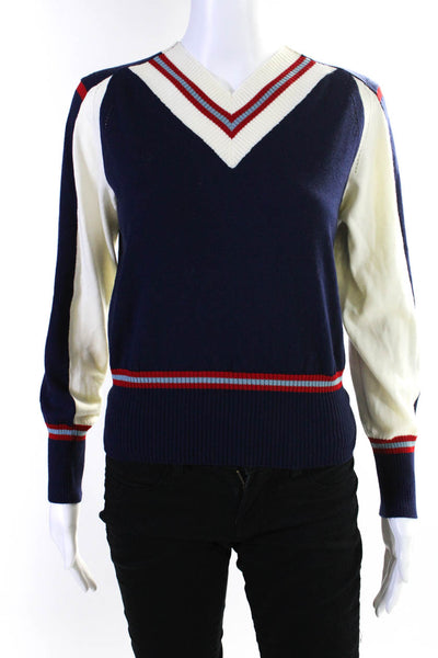 Shiro Sakai Womens Long Sleeve V Neck Striped Tight Knit Sweater Navy Size M