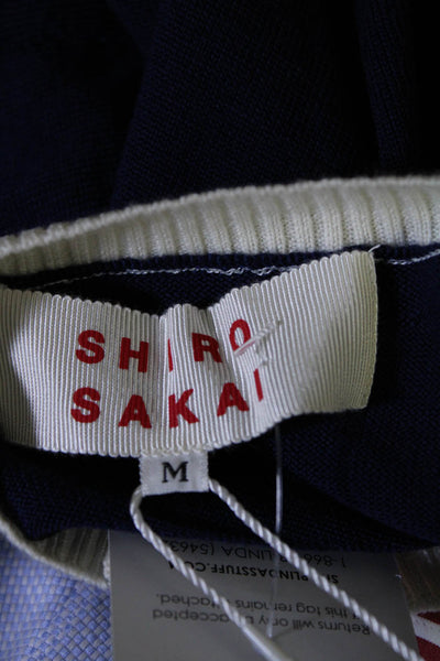 Shiro Sakai Womens Long Sleeve V Neck Striped Tight Knit Sweater Navy Size M