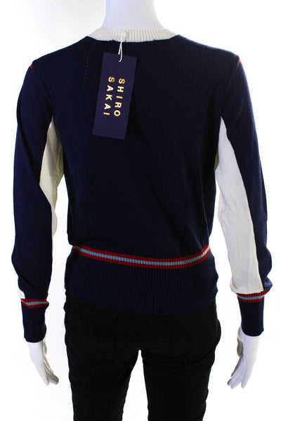 Shiro Sakai Womens Long Sleeve Striped V Neck Tight Knit Sweater Blue Size S