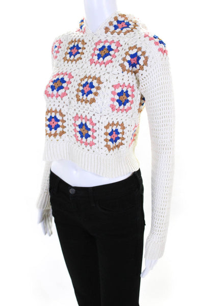 Designer Mixik Women's 100% Cotton Floral Crochet Knit Hoodie Cream Size M