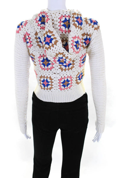Designer Mixik Women's 100% Cotton Floral Crochet Knit Hoodie Cream Size M