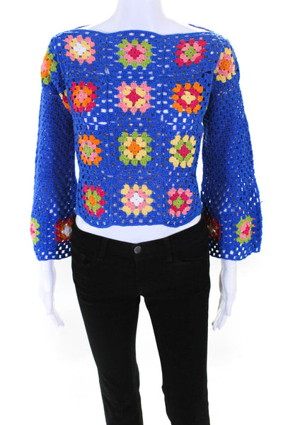 Designer Mixik Women's 100% Cotton Floral Crochet Knit Pullover Blue Size M