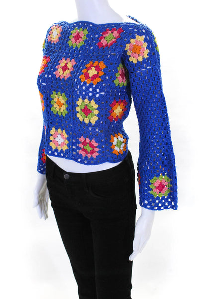 Designer Mixik Women's 100% Cotton Floral Crochet Knit Pullover Blue Size M