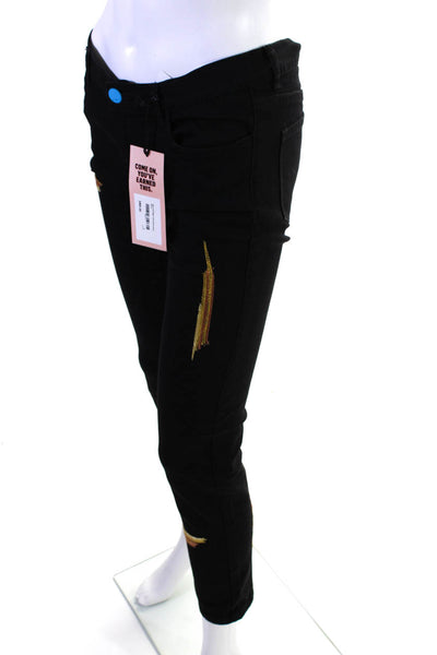 PERI.A Women's Black Gold Digger Embroidered Stretch Denim Black Size 26