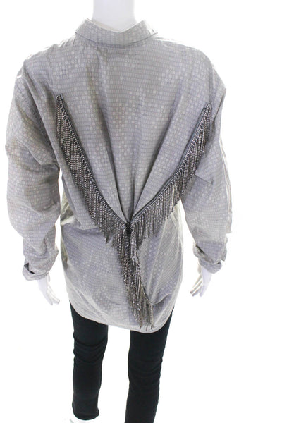 Hermes Womens Rhinestone Embellishments Button Down Top Blouse Shirt Gray Size M