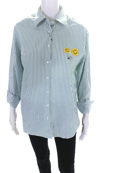 Joshua Sanders Women's Graphic Smile Button Down Shirt Green/White Size XS