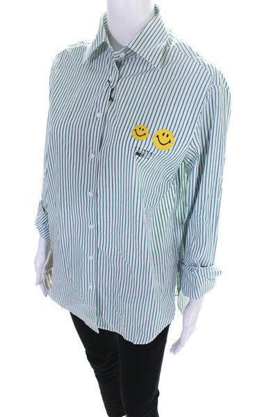 Joshua Sanders Women's Graphic Smile Button Down Shirt Green/White Size XS