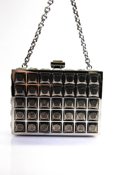 Judith Leiber Womens Chainlink Handle Studded Metal Mini Box Handbag Silver Tone