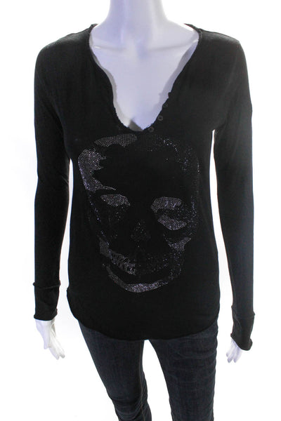 Zadig & Voltaire Womens Long Sleeve Half button Skull Print Black Top Size XS