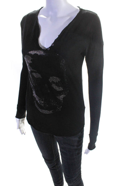 Zadig & Voltaire Womens Long Sleeve Half button Skull Print Black Top Size XS