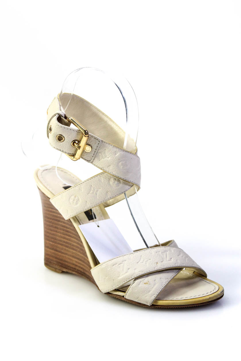 Louis Vuitton Womens Leather Empreinte Strappy Wedges Sandals White Size 35 5