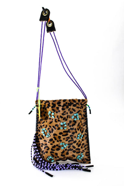 IMEMOI Womens Beaded Fringe Brown Animal Print Flat Shoulder Bag Handbag