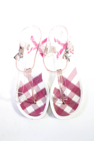 Burberry Womens T Strap Clear Gingham Sandals White Pink Size 37