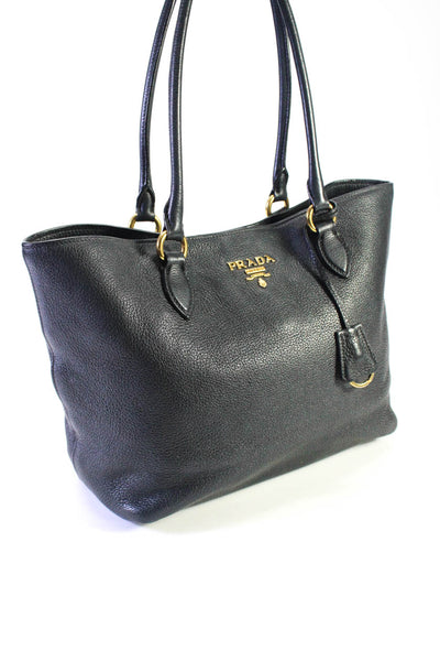 Prada Womens Textured Leather Tote Handbag Black