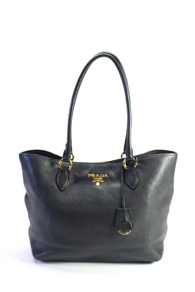 Prada Womens Textured Leather Tote Handbag Black