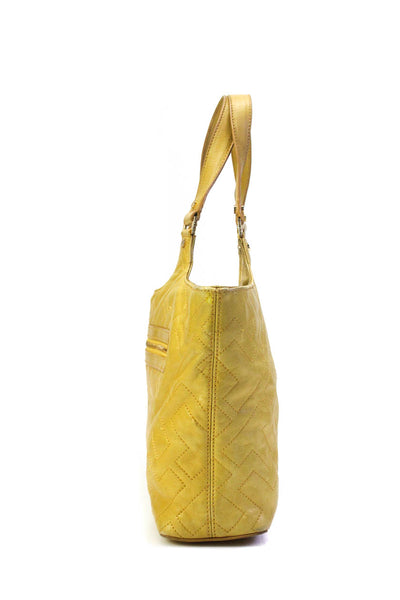 Tory Burch Womens Embroidered T Top Handle Leather Tote Handbag Yellow