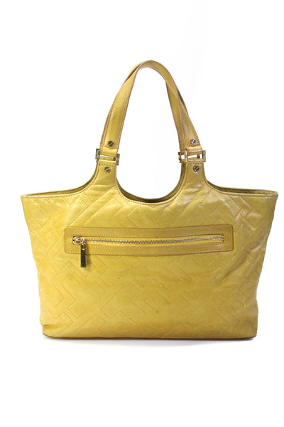 Tory Burch Womens Embroidered T Top Handle Leather Tote Handbag Yellow