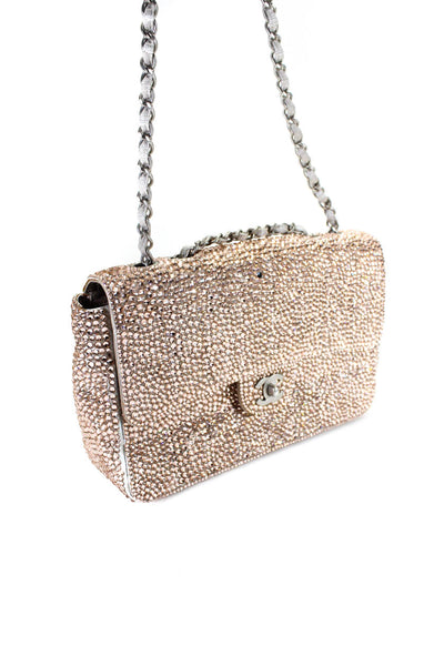 Chanel Womens Chainlink Strap CC Turnlock Flap Crystal Handbag Beige Silver Tone