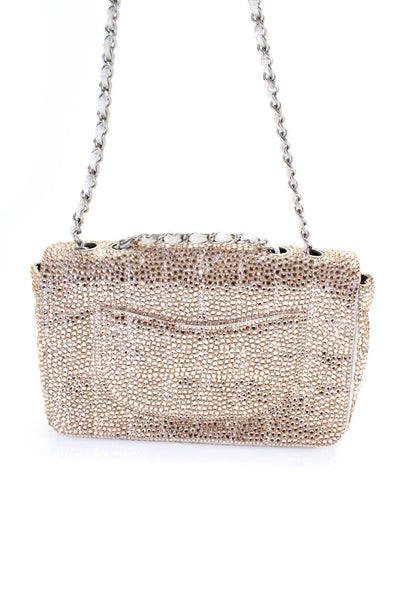 Chanel Womens Chainlink Strap CC Turnlock Flap Crystal Handbag Beige Silver Tone