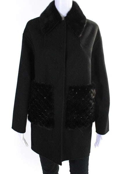 Valentino Womens Wool Cashmere Coat Mink Rockstud Trim Black Size 38 IT