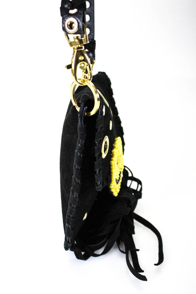 Designer Womens Suede Fringe Beaded Smile Crossbody Handbag Black Yellow