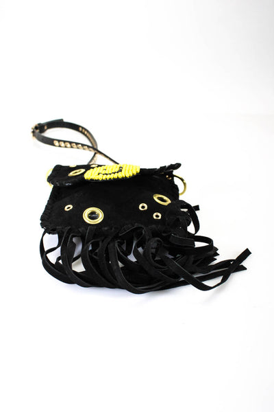Designer Womens Suede Fringe Beaded Smile Crossbody Handbag Black Yellow