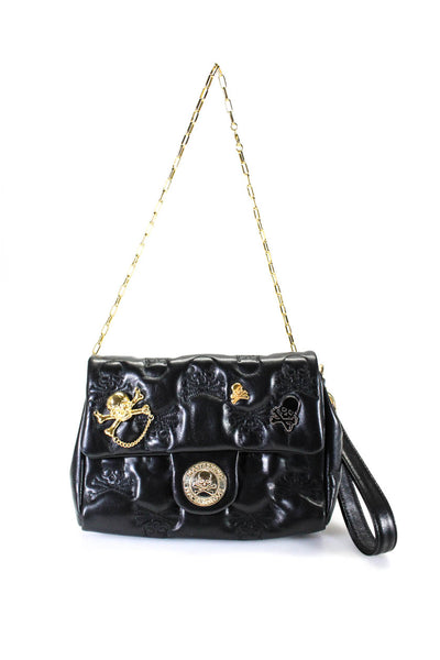 Mastermind Womens Embroidered Skull Leather Flap Wristlet Tote Handbag Black