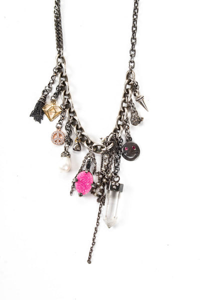 Gunda Womens Sterling Silver Multi Chain Charms Pearl Diamond Necklace