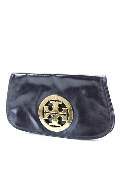 Tory Burch Womens Gold Tone Logo Black Snap Clutch Bag Handbag