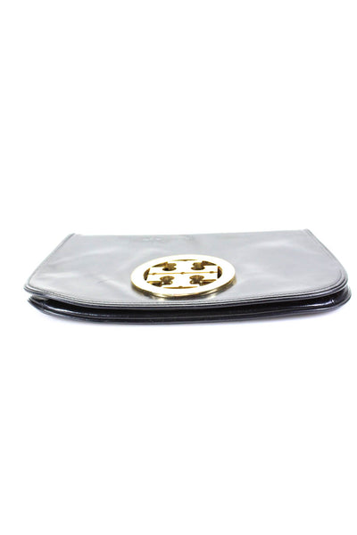 Tory Burch Womens Gold Tone Logo Black Snap Clutch Bag Handbag