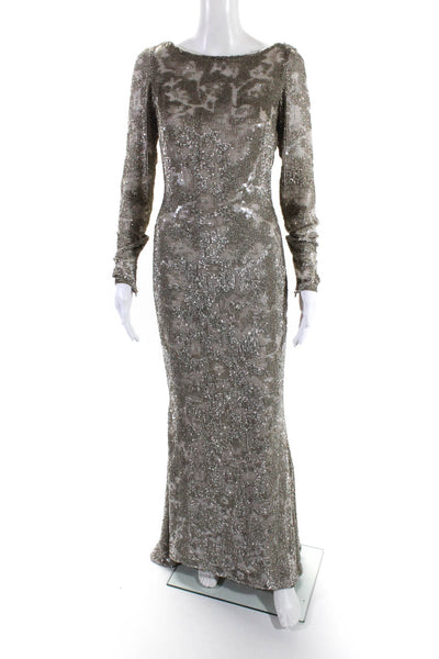 Marchesa Womens Silk Sequenced Beige Drape Back Long Sleeve Gown Dress Size 2