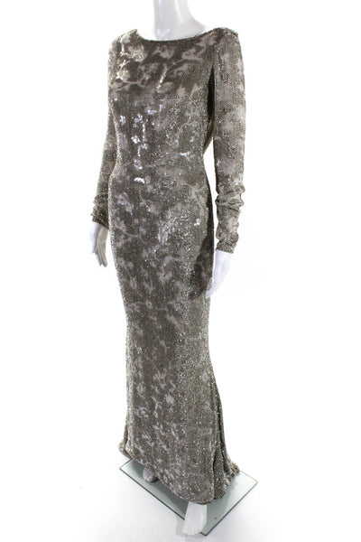 Marchesa Womens Silk Sequenced Beige Drape Back Long Sleeve Gown Dress Size 2